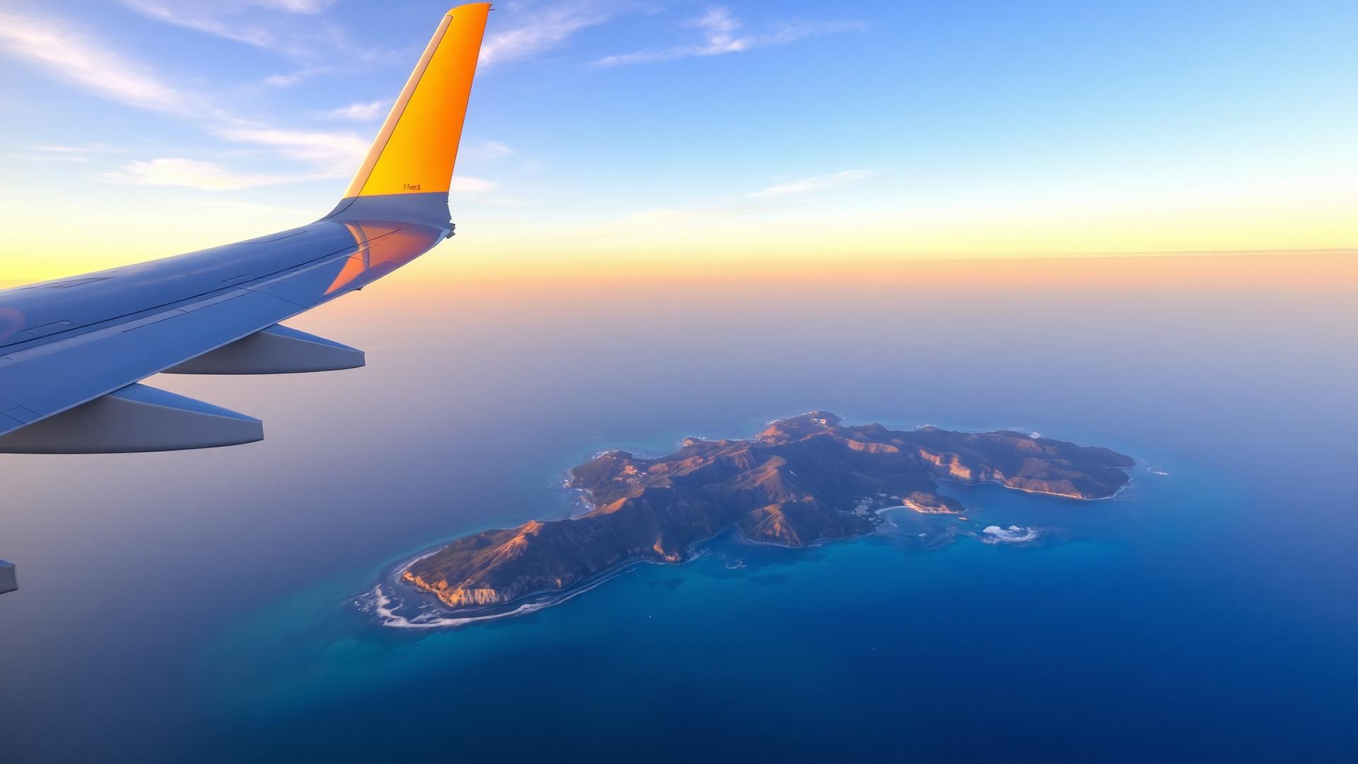 Avião sobrevoando ilhas ao pôr do sol